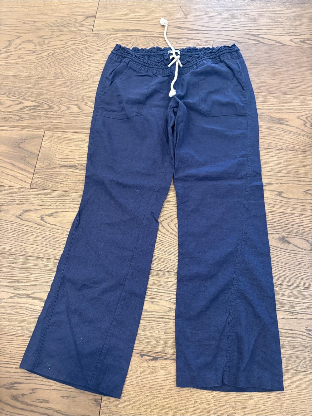 Roxy Navy Straight Leg Linen Pants with Drawstring